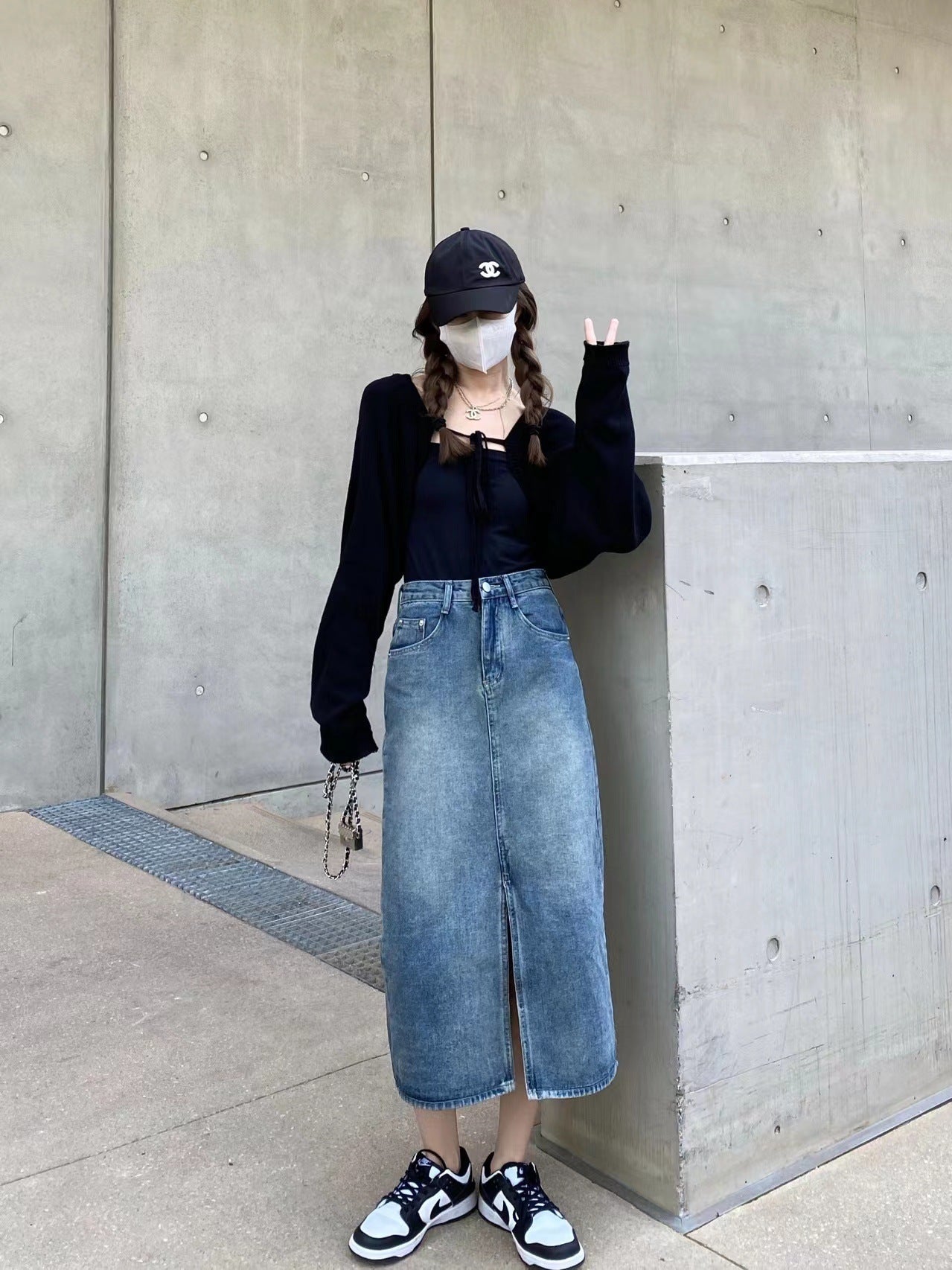 High Waist Slit Denim Skirt Sheath Mid-length Skirt