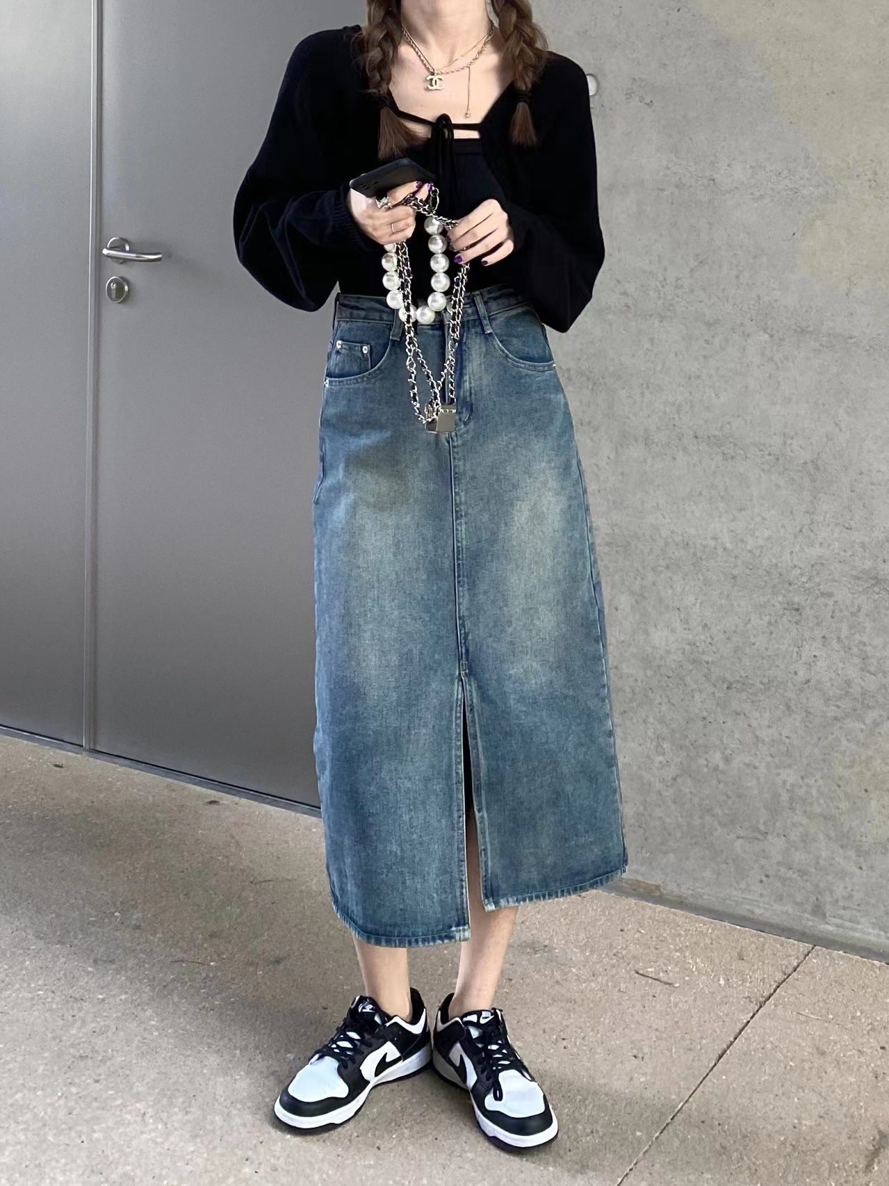 High Waist Slit Denim Skirt Sheath Mid-length Skirt