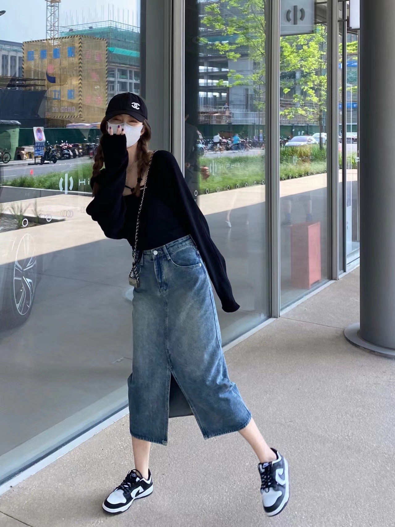 High Waist Slit Denim Skirt Sheath Mid-length Skirt